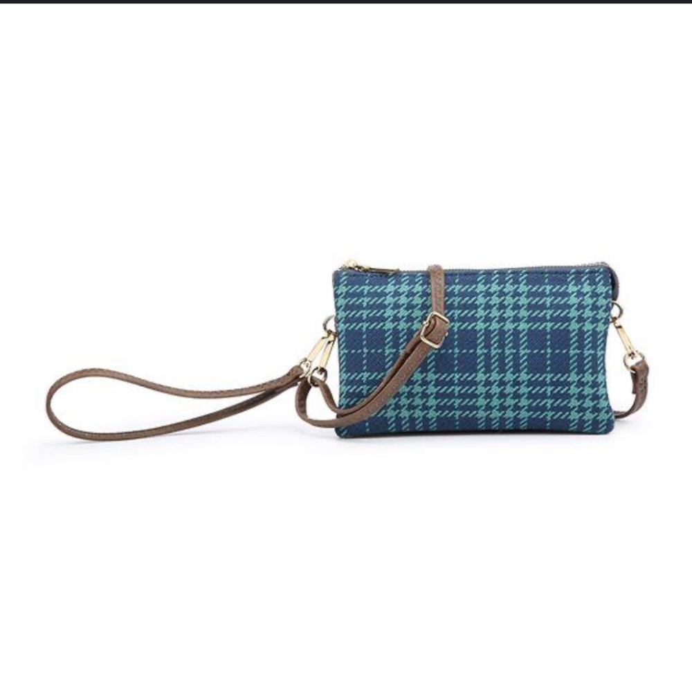 Jen & Co Blue Green Houndstooth Plaid Crossbody Bag brown faux leather